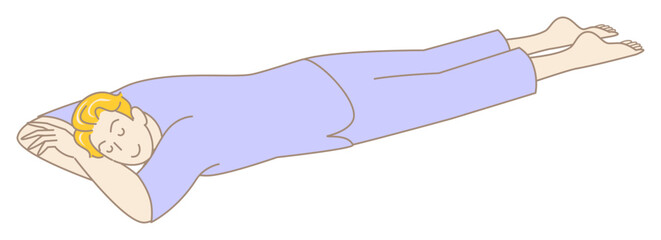 温泉施設の館内着を着てうつ伏せでリラックスして寝ている可愛い男性 シンプル イラスト ベクター 