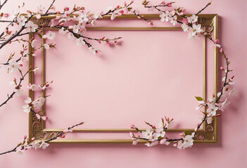 Cherry blossom branches and pink background frame