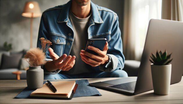 A casual professional in a cozy setting attentively uses a smartphone with a laptop open on the table, blending comfort with productivity.