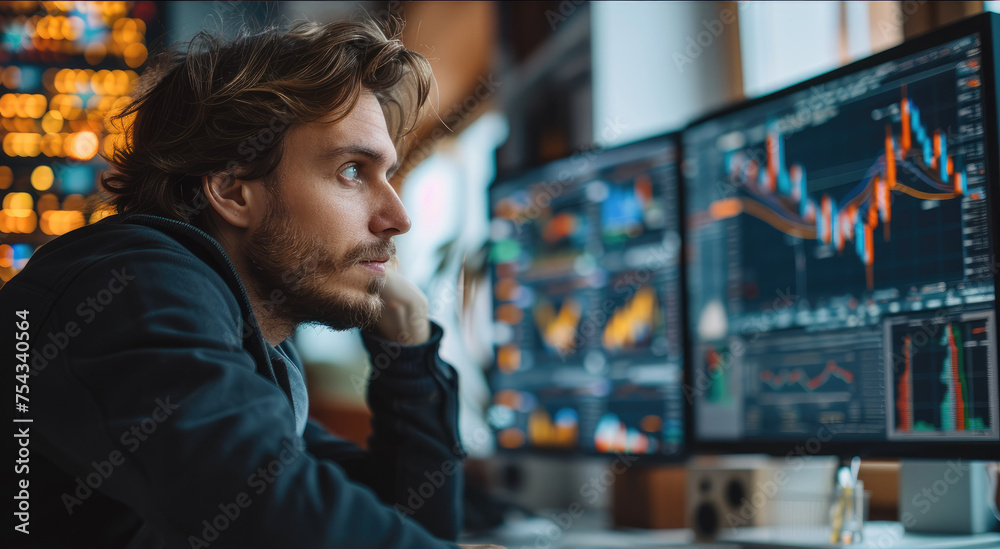 Aufkleber Man sitting at a desk with advanced trading screens on his computer in his modern apartment. Generative AI.