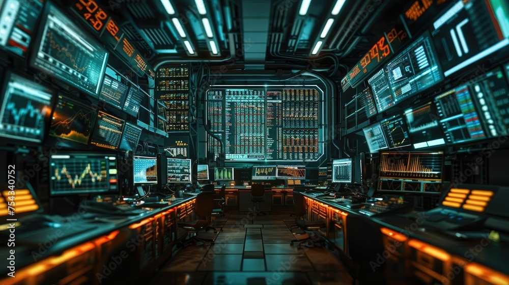Aufkleber led screen on a broker desktop in a busy trading floor. generative ai.