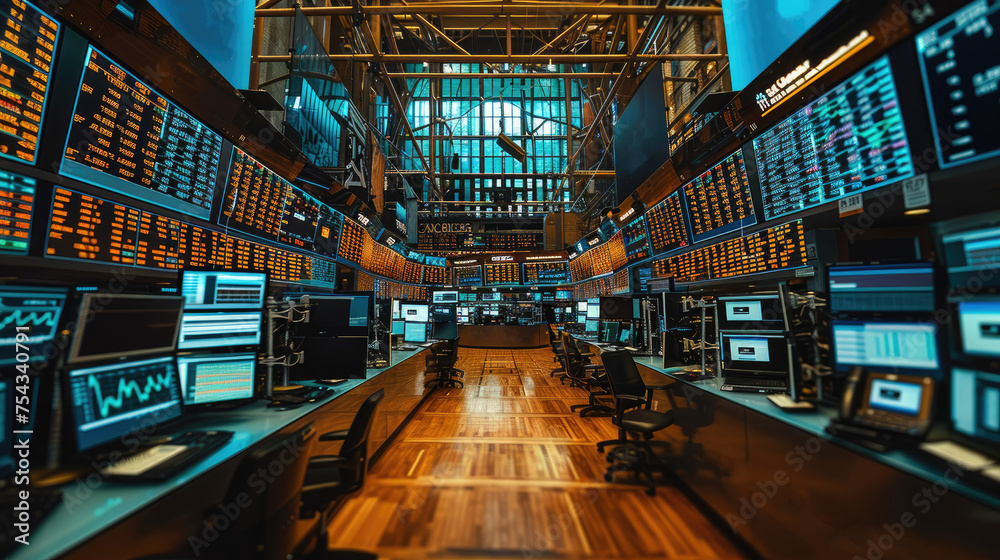 Aufkleber led screen on a broker desktop in a busy trading floor. generative ai.