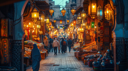 Vibrant Moroccan bazaar at dusk with illuminated stalls and busy shoppers