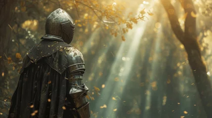Fototapeten Medieval knight standing in an enchanted forest with rays of sunlight © Robert Kneschke