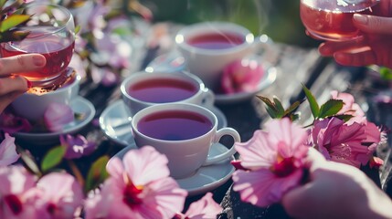 Hibiscus tea in tea cups with pink flowers and group of friends around to drink eat in beautiful spring day outside