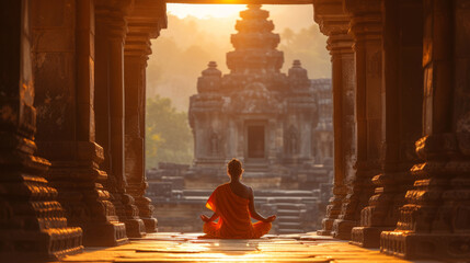 Yogi in meditation at serene ancient temple during sunrise
