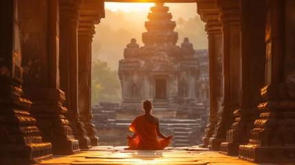 Selbstklebende Fototapete Anbetungsstätte Yogi in meditation at serene ancient temple during sunrise