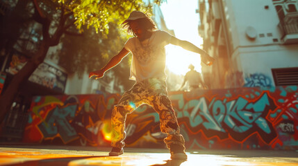 Dynamic street dancer performing in urban alley with vibrant graffiti background