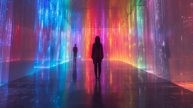 Futuristic holographic art installation with visitors interacting with immersive light displays