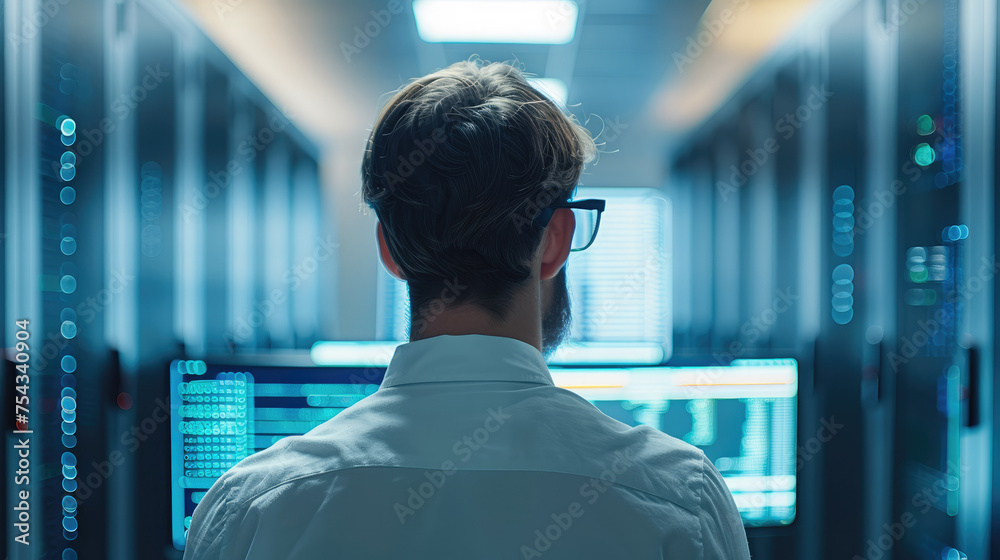 Aufkleber systems engineer from behind looks at a server administration panel on a monitor in a startup office