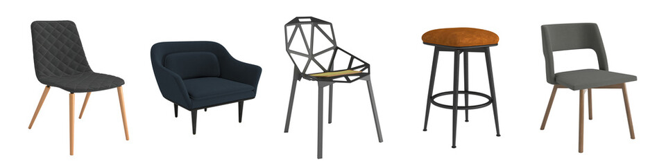 Five Armchair Set in Side view, interior furniture on white background, chair in Side positions, Set of five chairs in Side view angles, Side angle, chairs set in various points of view, 3D render