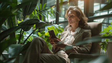 Obraz premium Elegant mature businesswoman using smartphone in a green office environment