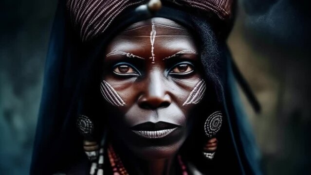 Voodoo magician woman, black African witch with wise eyes, Generative AI,