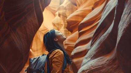 Image at Antelope Canyon, featuring a beautiful Asian female traveler with a backpack. Showcase her excitement and fascination with the canyon's wave-like rock formations.