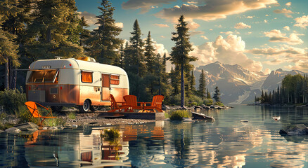 Vintage camper trailer at the lake with a camp table and chairs - 754341736