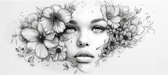 Black and white illustration of beautiful woman painting with flowers on white background. Beauty treatment banner ad, cosmetology concept - 754341740