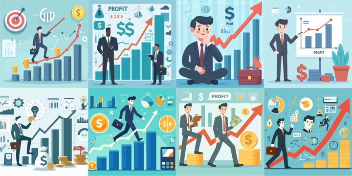 Businessman illustrations and profit graphs with a simple and vector flat design style