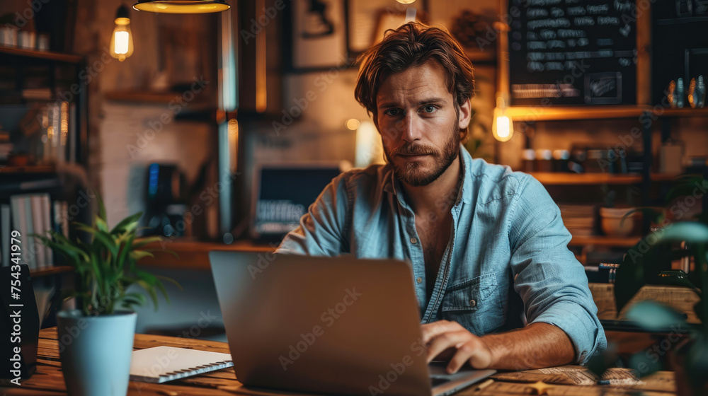 Leinwandbilder man working behind notebook. generative ai.