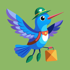 Blue cartoon hummingbird with a postman bag