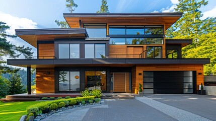 modern contemporary home with cedar paneling flat roof picture windows blue sky and lush green...