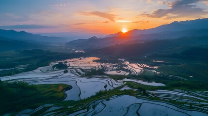 mountain landscape of Pa-Pong-Peang terrace paddy rice field at sunset