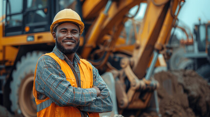 Happy construction worker standing next to a brand new excavator. Generative AI.
