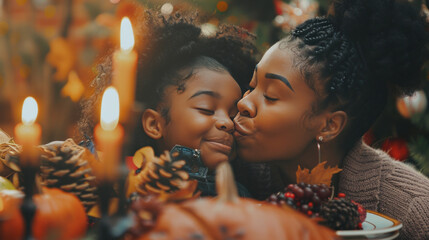 Grateful black girl kisses her mother during Thanksgiving family meal, - obrazy, fototapety, plakaty
