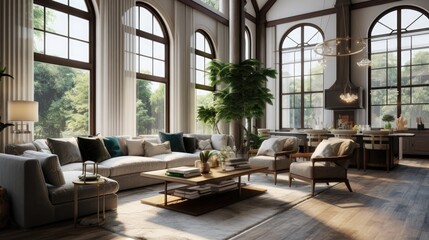 Living room with elegant furnishings and three sets of windows - obrazy, fototapety, plakaty