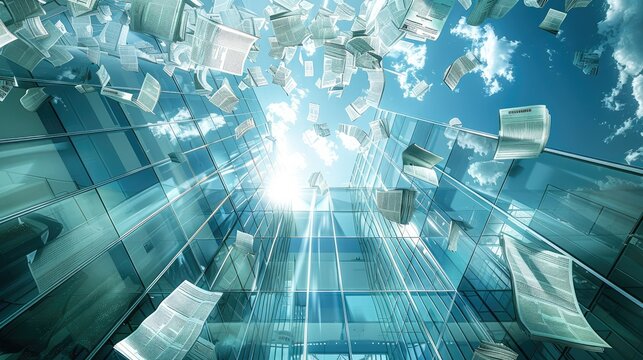 On a sunny day, a lot of newspapers float inside the advanced mirror glass building, and the blue sky can be seen in the distance. Generative AI.