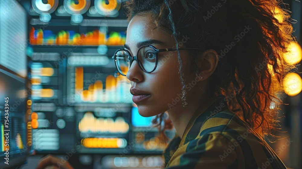 Poster professional woman analyzing data on a computer screen, which displays graphs and social media stati