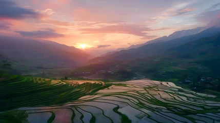 Schilderijen op glas mountain landscape of Pa-Pong-Peang terrace paddy rice field at sunset © Ziyan