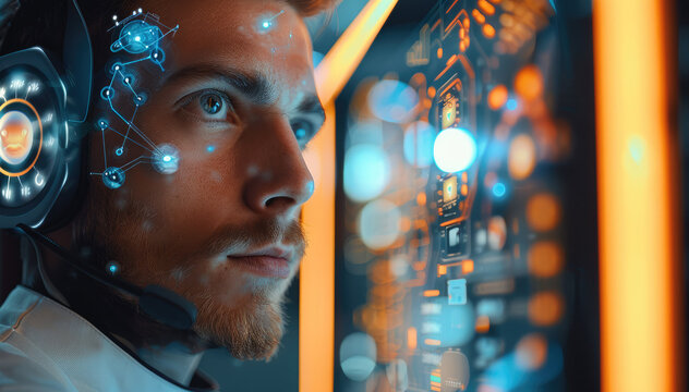 Man working with artificial intelligence talking on video call. Generative AI.