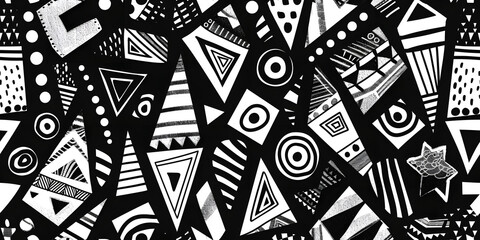 A blackandwhite geometric pattern featuring triangles and circles on a black background, creating symmetry and art with monochrome photography vibes