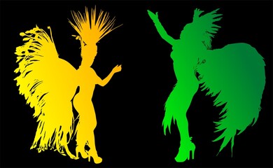 samba, baile, brasil, danza, carnaval, silueta, color, vector, pegatina, plumas, traje, ilustracion, angel, diablo	
