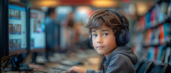 Fototapeta premium Boy with headphones gazes away while using a computer in a library.