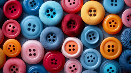 Many mixed, brightly coloured sewing or clothing buttons, filling the frame. Sewing buttons background. Colorful sewing buttons texture