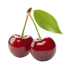 Ripe Cherries with Cherries leaves on the floor, Healthy organic berry natural ingredients concept, AI generated, PNG transparent