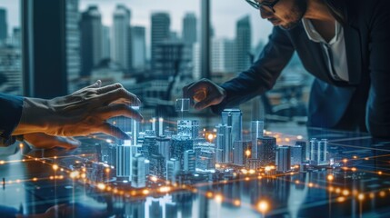 Two business professional are immersed in an augmented reality (AR) urban planning simulation adjust holographic models of cityscapes, analyzing traffic flow and environmental impacts. Generative AI.