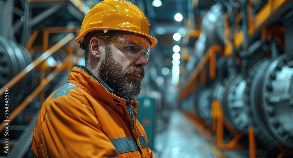 Poster industry engineers use tablet and discuss work working in steel factory. generative ai.