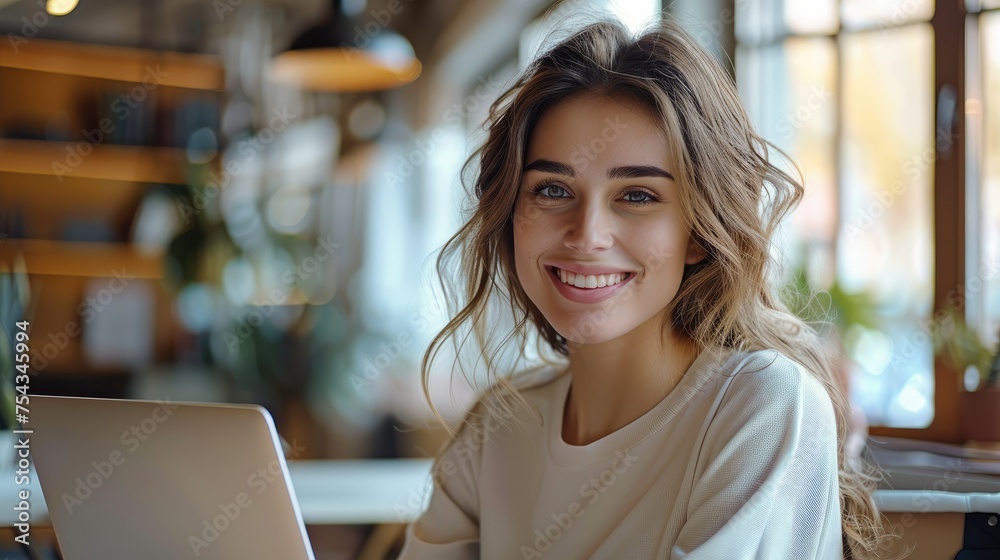 Poster woman smiling using a laptop on a video call in office. generative ai.