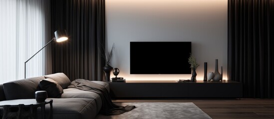 A contemporary living room featuring a comfortable couch and a television set. The room also includes a heating battery, a black lamp, and curtains, showcasing modern interior design elements.