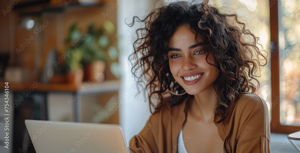 Poster woman smiling using a laptop on a video call in office. generative ai.