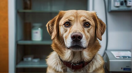 A cute dog in a veterinary clinic. Portrait of a dog at a vet's appointment ,