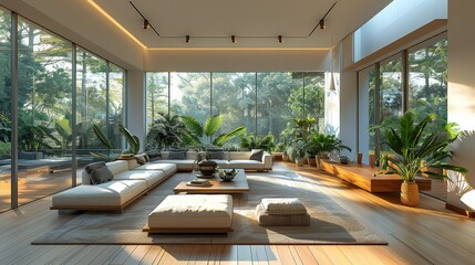 Fototapeta premium A spacious modern living room, with sleek furniture and green plants accentuating the luxury, large windows casting soft light on the wooden floor. Generative AI.