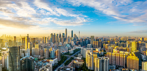 Panoramic view of commercial buildings skyline and highway in Guangzhou city center