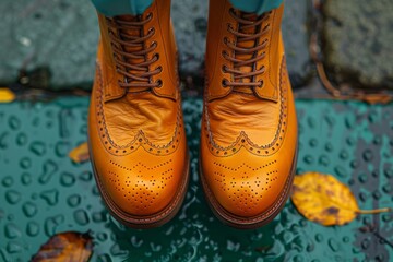 Top view of beautiful leather women's ankle boots on her feet