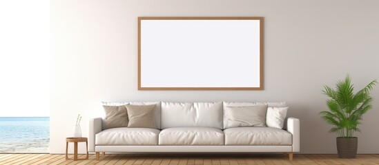 A contemporary living room featuring a comfortable couch with minimal decorations. An empty picture frame is hung on the wall, adding a touch of elegance to the room.