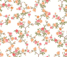 Beautiful Pink Flower vine Seamless Pattern On White Background For Textile Designs