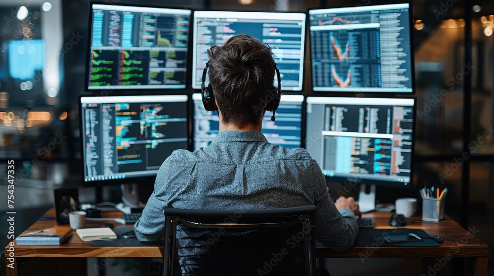 Wall mural man is sitting in front of various lcd screens on working desk in his office. generative ai.