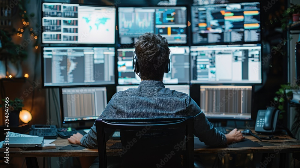 Wall mural man is sitting in front of various lcd screens on working desk in his office. generative ai.